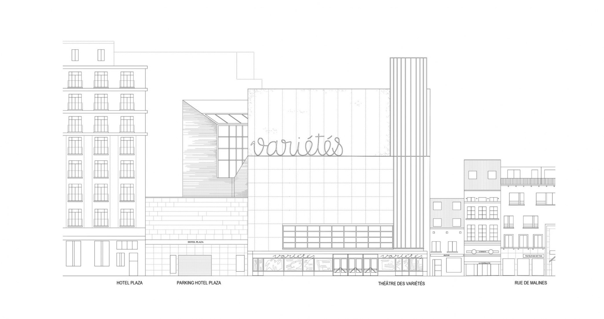 Elevation rue de Malines. Renovation of  Ancien Théâtre des Variétés by Flores & Prats and Ouest Architecture.