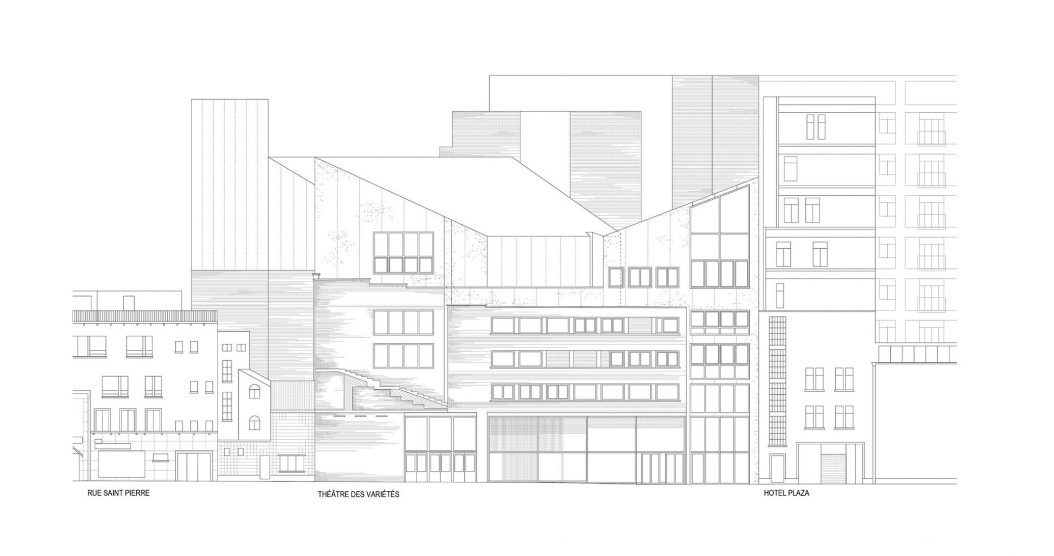 Elevation rue de Saint Pierre. Renovation of  Ancien Théâtre des Variétés by Flores & Prats and Ouest Architecture.