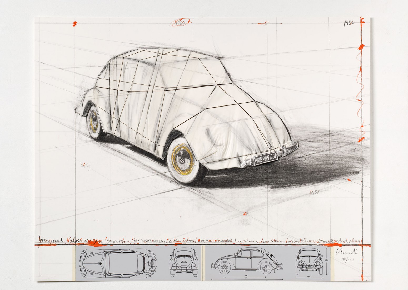Christo. Volkswagen empaquetado. Proyecto para el Salón del Volkswagen Escarabajo de 1961. Wrapped Volkswagen. Project for 1961. Volkswagen Beetle Salon, 2013. Proyecto, 1961. Collage gráfico con Volkswagen original cubierto con tela y pintado a mano 55,8 cm x 71 cm Ed. Nr.: L/XC + 160 + 50 PA + 15 HC Galerie Breckner Fotografía por Christo.
