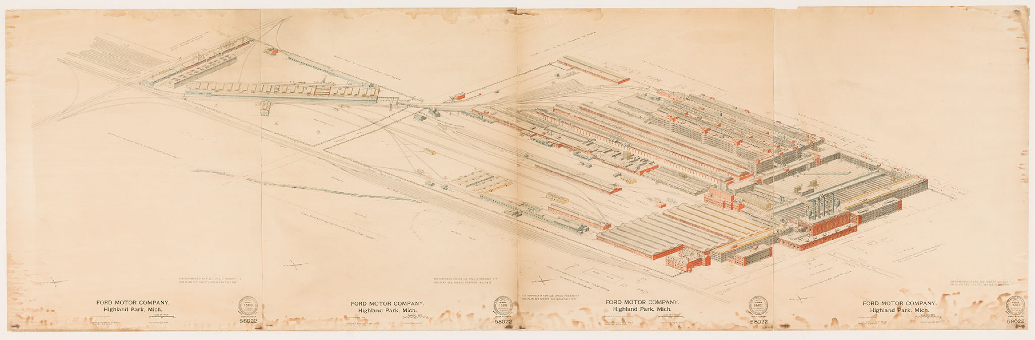 Albert Kahn.Representación a vista de pájaro de Ford Motor Company Highland Park en 1924 (Ford Motor Company Highland Park Rendering bird's eye view in 1924). Tinta sobre papel, 85,4 x 227,3 cm. Collection Cranbrook Art Museum, Bloomfield Hills, Michigan. Fotografía por Estate of John Bloom.