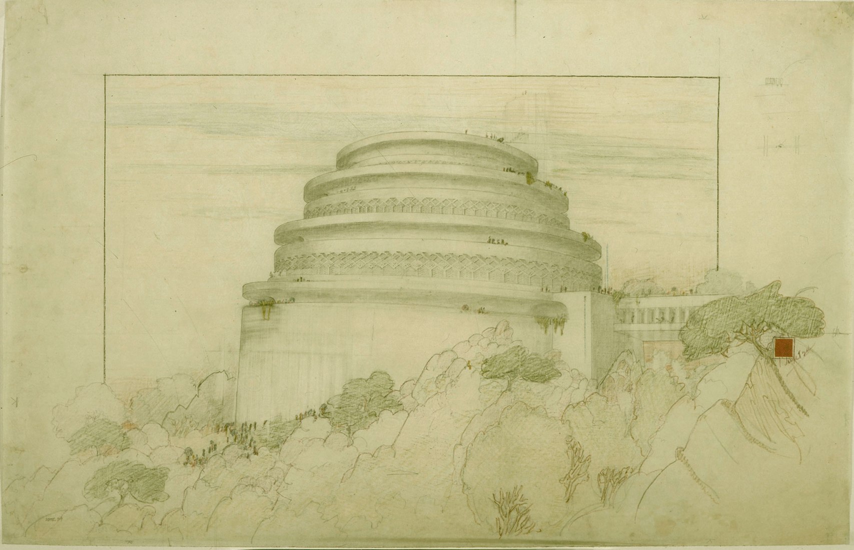 Frank Lloyd Wright.Gordon Strong Automobile Objective y Planetario (no construido),Sugarloaf Mountain, Maryland [Gordon Strong Automobile Objective and Planetarium (unbuilt), Sugarloaf Mountain, Maryland], 1924–25. Perspectiva. Lápiz de color sobre papel de calco. 50,8 x 78,7 cm. The Frank Lloyd Wright Foundation Archives (The Museum of Modern Art | Avery Architectural & Fine. Arts Library, Columbia University, New York). 2022 The Frank Lloyd Wright Foundation, Scottsdale, Arizona. Fotografía por Frank Lloy