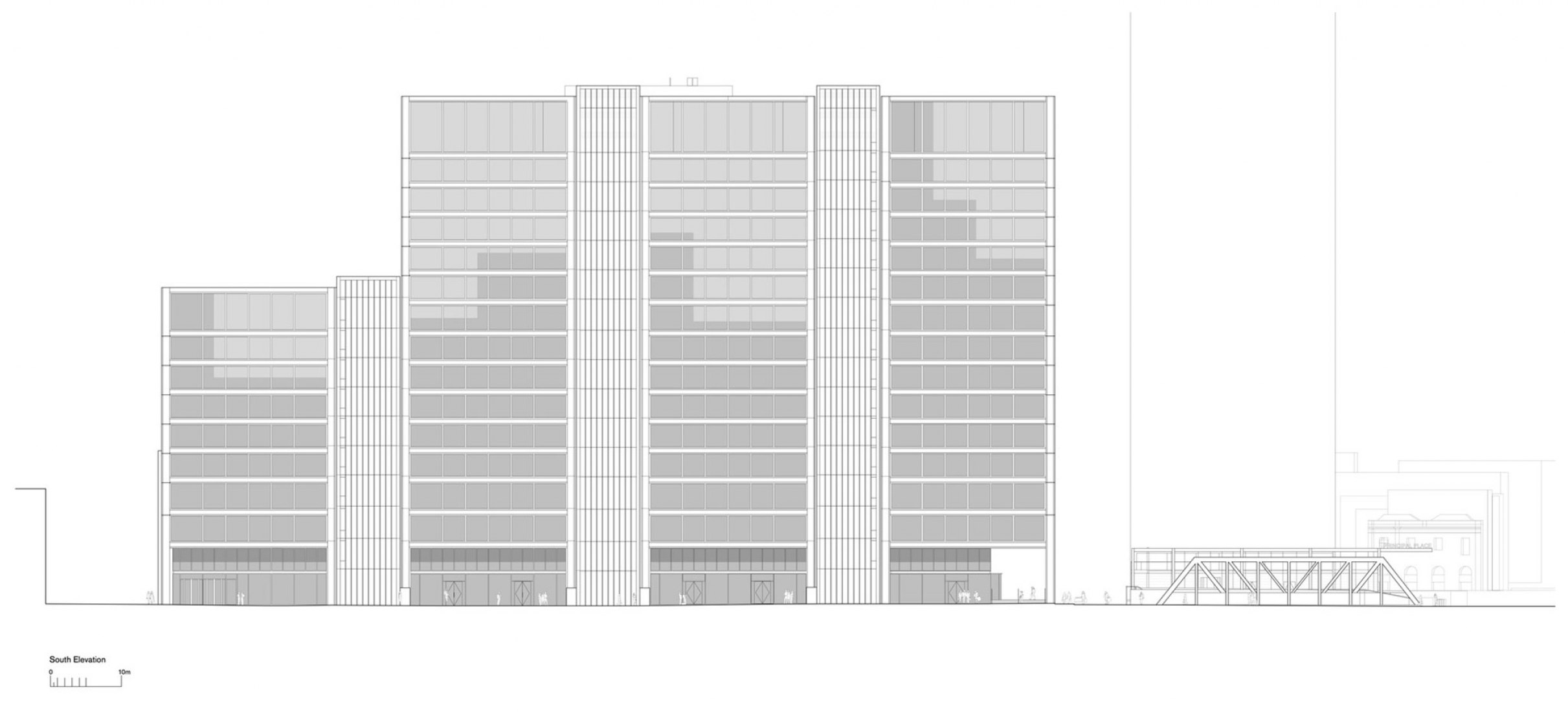 Alzado sur edificio oficinas. Principal Tower por Foster + Partners.