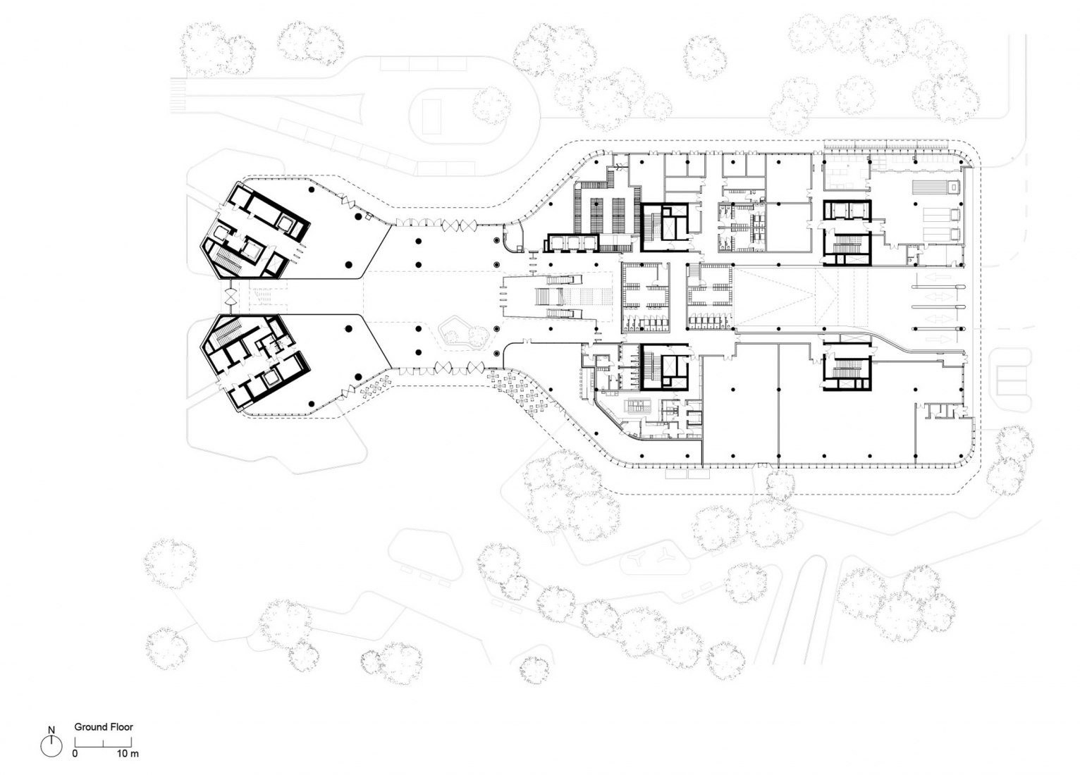 Plano de situación y Planta baja. Sede del Grupo MOL por Foster + Partners.