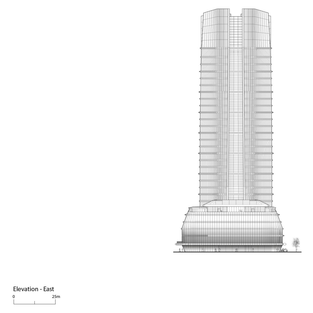 Alzado este. Sede del Grupo MOL por Foster + Partners.