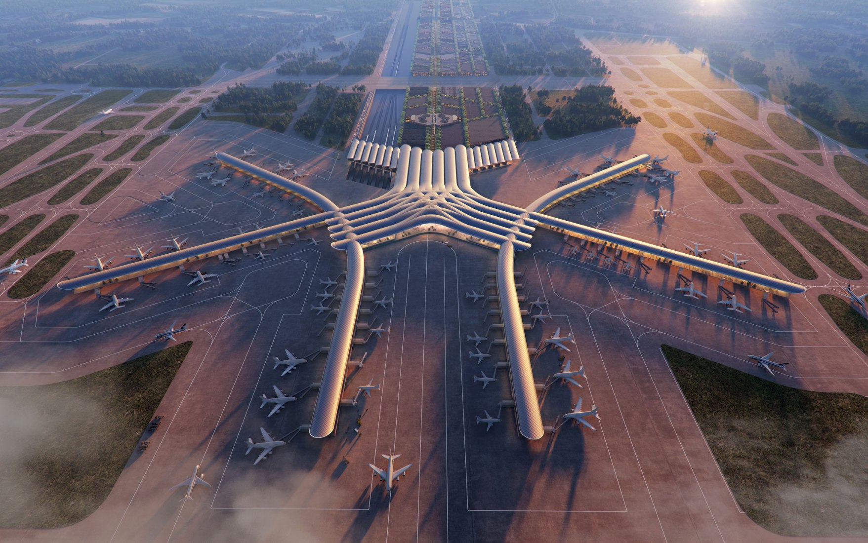 The vision of woven expressed architectural form guides the passengers, while also serving as a powerful symbolic reference to Poland’s rich cultural heritage and the united strength of its people. CPK Airport, Poland by Foster + Partners.