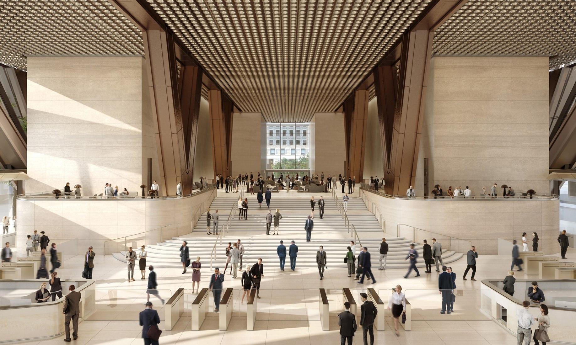 Ubicado sobre los pisos comerciales, el "Exchange" de tres pisos es el corazón social de la torre. Visualización por DBOX para Foster + Partners