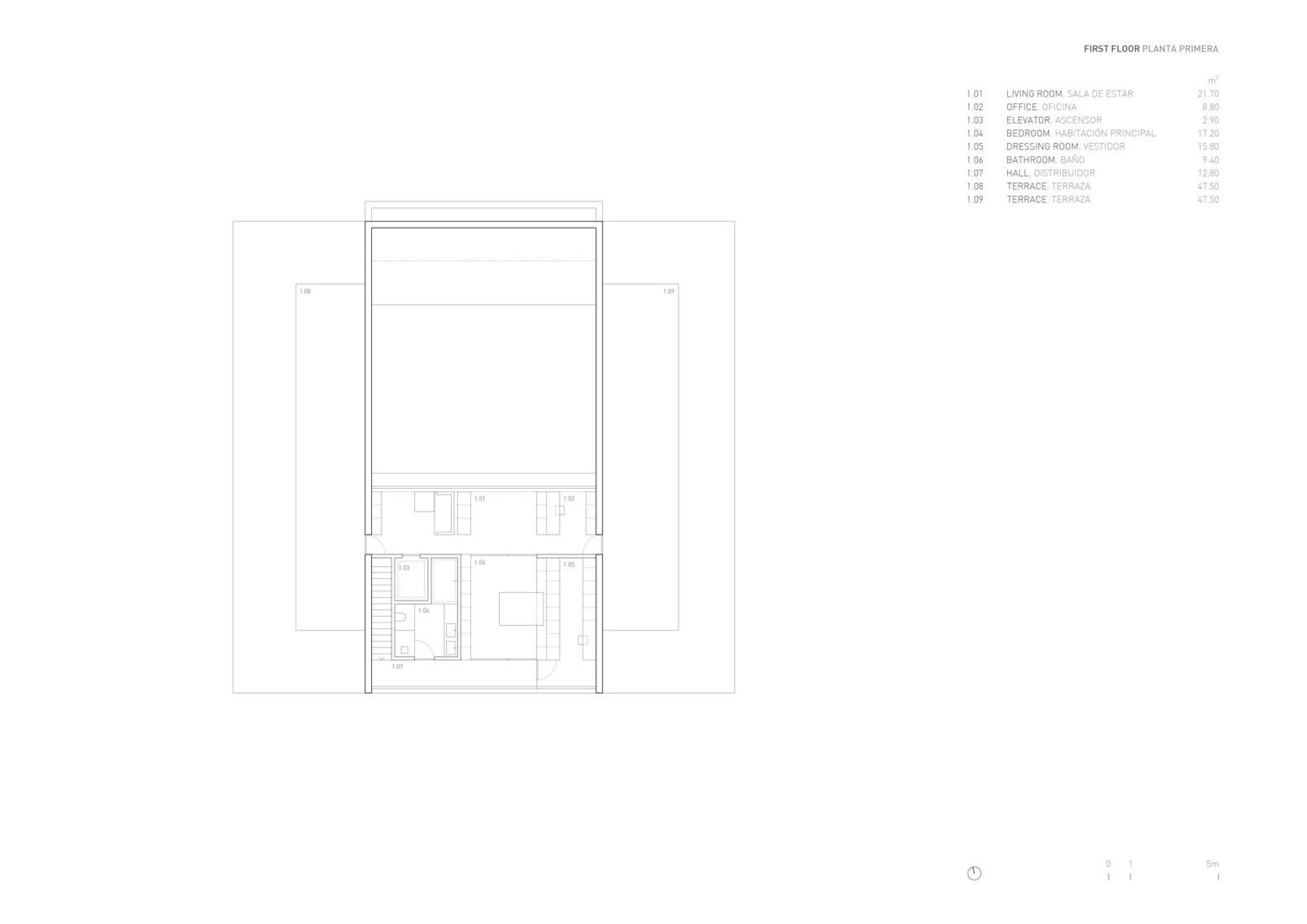 Plano de planta primera. Casa Compluvium por Fran Silvestre Arquitectos.