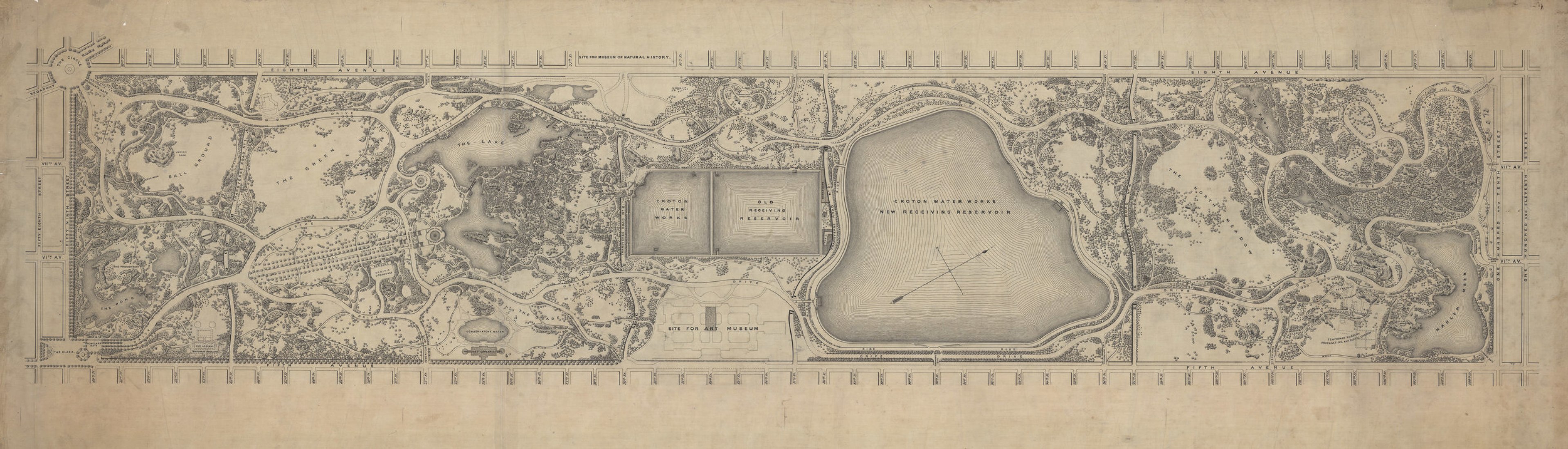 Plan of Central Park, c. 1875. Black ink on linen, 24 x 74 inches.  This plan shows work both planned and completed as of the mid-1870s. It includes Drives, Rides, Walks, bridges, named gates, and major structures as well as several buildings that were being planned at the time but were never completed.
