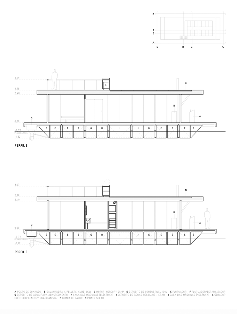 Longitudinal sections of the Floating house, by Friday S.A.