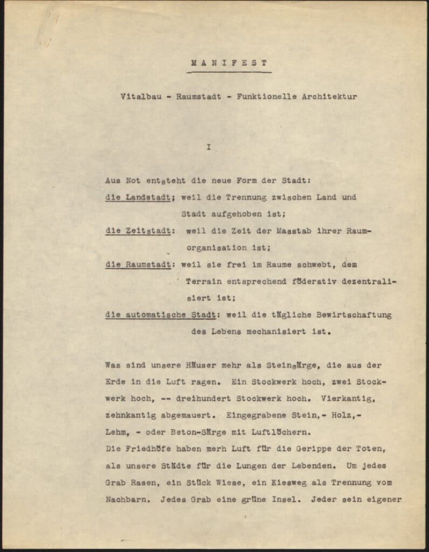Frederick Kiesler, Manifiesto. Vitalbau - Raumstadt - Funktionelle Architektur, París 1925. Cortesía de Austrian Frederick and Lillian Kiesler Private Foundation, Viena 