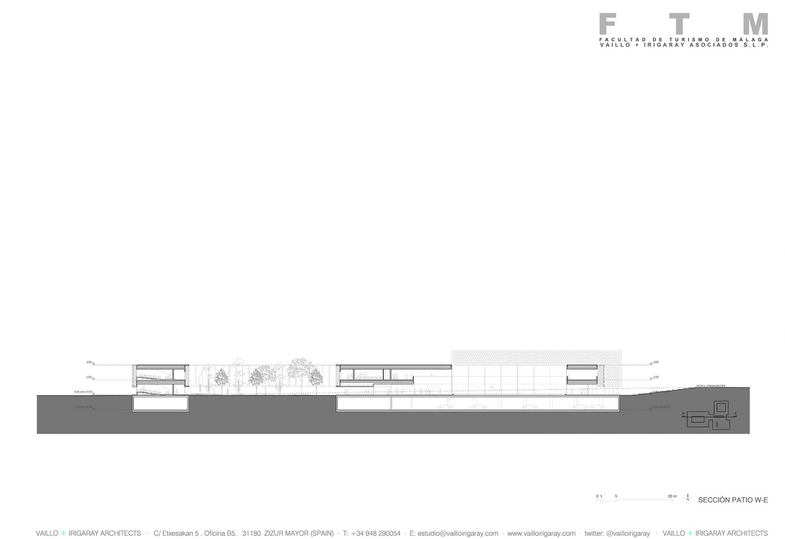 Sección del patio W-E. Facultad de Turismo de la Universidad de Málaga por Vaillo + Irigaray Arquitectos.