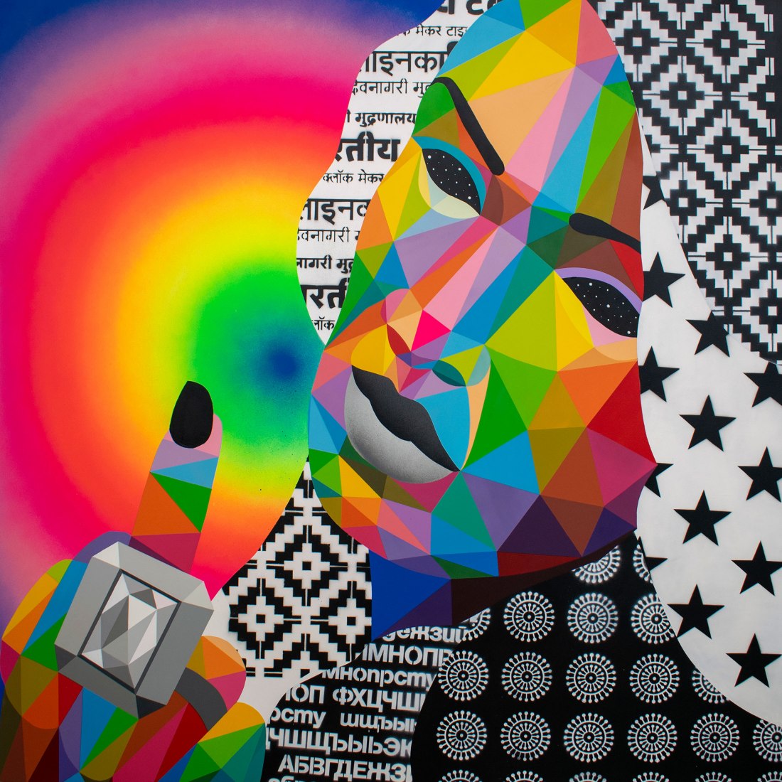 Fuck you 1, by Okuda, 2019. Synthetic enamel on wood 120x120cm