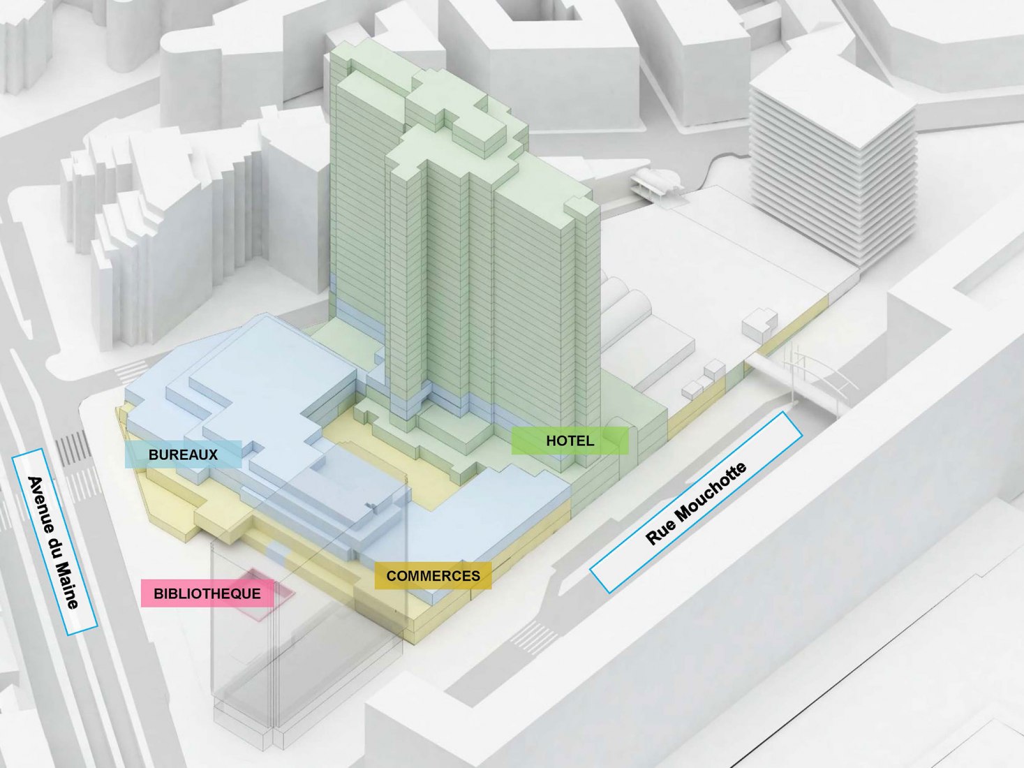 Axonométrica, actual. Gaîté Montparnasse por MVRDV