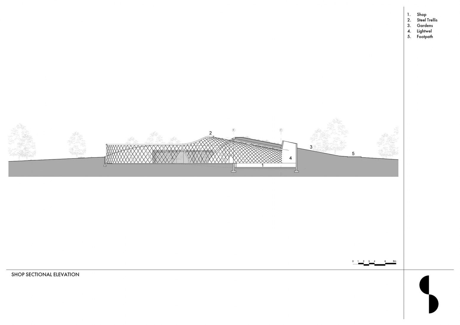 Gift shop. Section. Garden Cafe by Steyn Studio, Meyer & Associates and Square One Landscape Architects