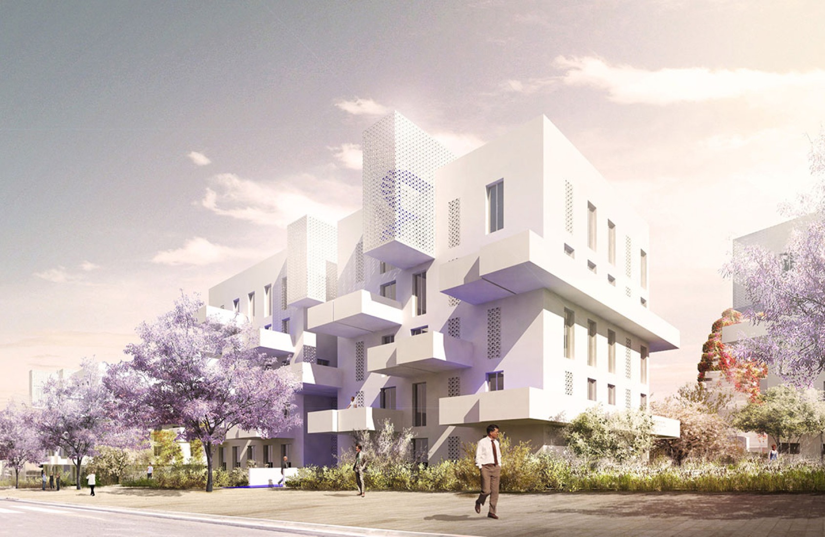 Bloques residenciales. Plano de primera planta. Visualización, Jardines de Anfa, por Maison Edouard François. 