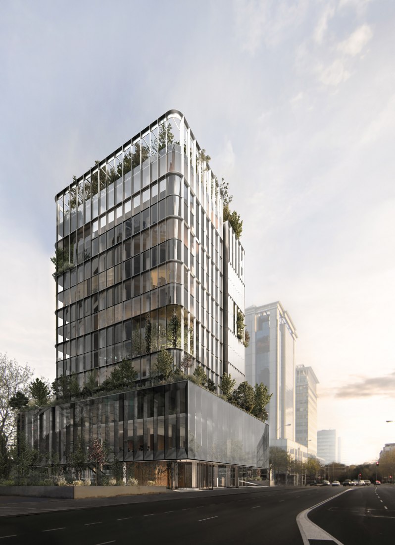Rendering. Retama 3 office tower by GCA Architects. Image by ERGØN & WØLF - Creative Studio