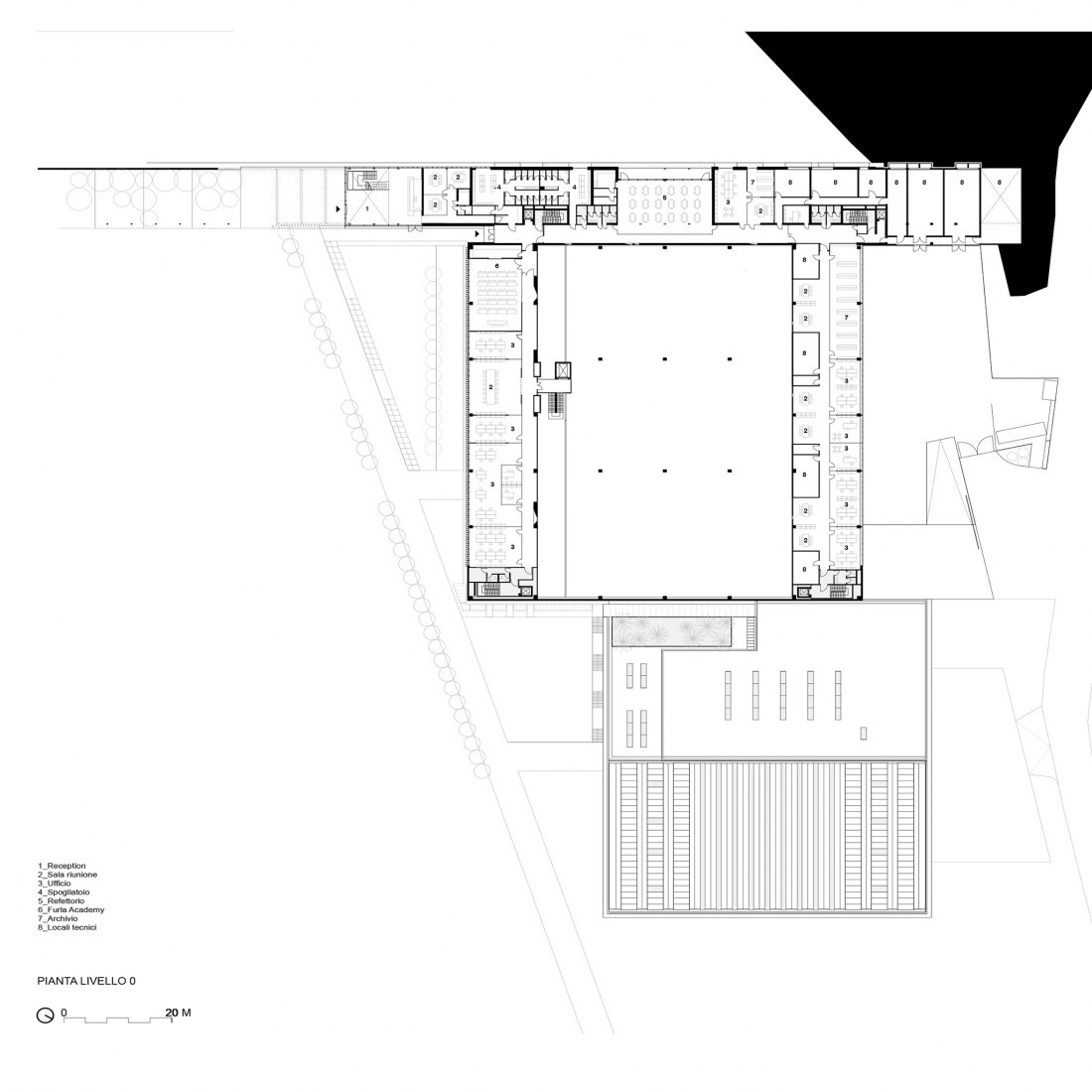 Plano de planta cota +/- 0. Sede de Furla por GEZA Architettura. Fotografía por Fernando Guerra.
