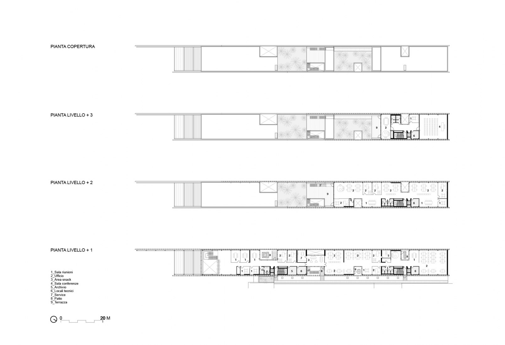 Plano de planta cota +1, 2 y 3. Sede de Furla por GEZA Architettura. Fotografía por Fernando Guerra.