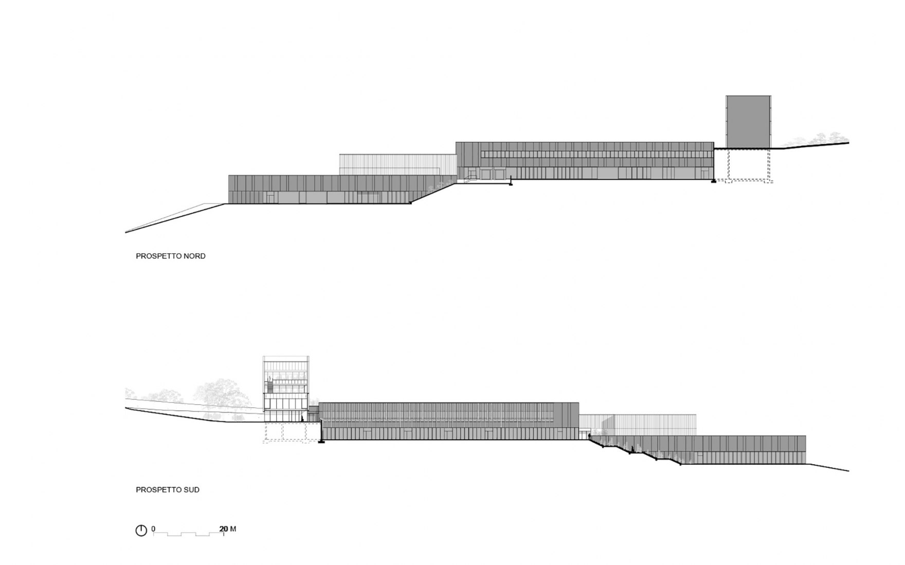 Alzados norte y sur. Sede de Furla por GEZA Architettura. Fotografía por Fernando Guerra.