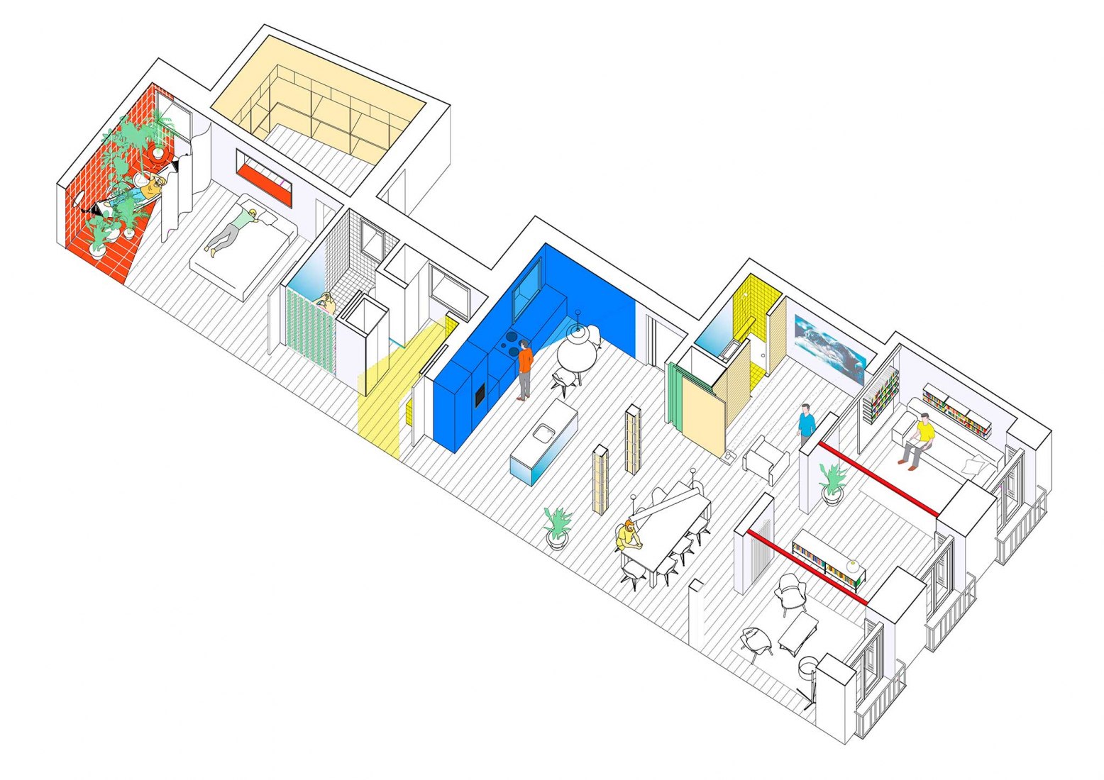 Axonometric view. Sequence House by gon Architects and Ana Torres.