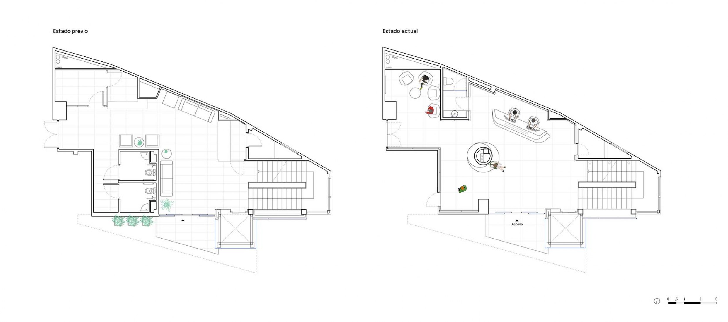 Previous and actual floor plan. OCULUM, lobby for the Institute of Ocular Microsurgery (IMO) in Mirasierra by gon architects.