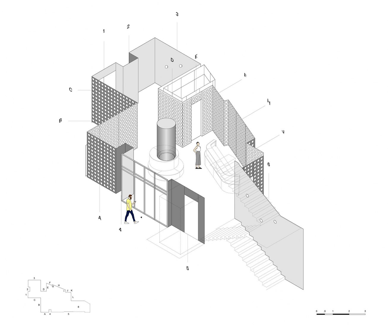 Axonometry. OCULUM, lobby for the Institute of Ocular Microsurgery (IMO) in Mirasierra by gon architects.