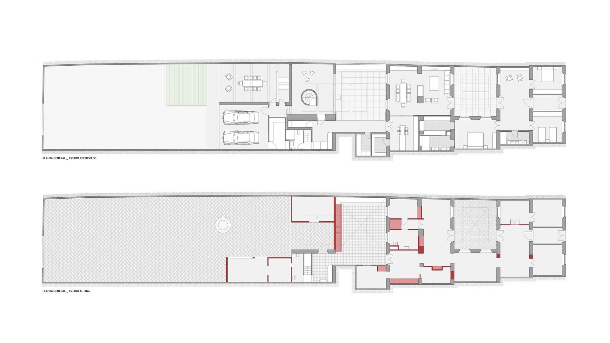 Planta baja de estado previo y nuevo estado. Domus Atrio por González Morgado Arquitectura
