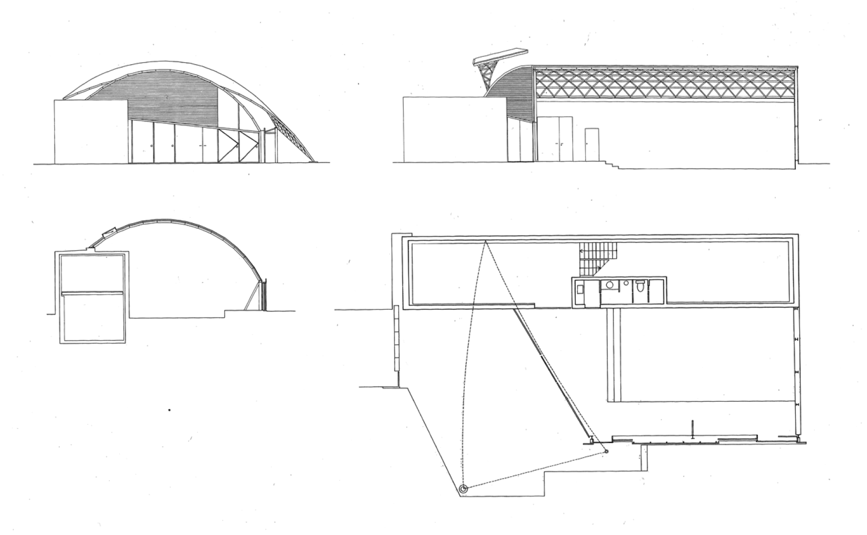 ITO, TOYO (1989-91). Gallery U. Yugawara (Japan). Main elevation, longitudinal section, cross section and plan. © Toyo Ito & Associates, Architects.