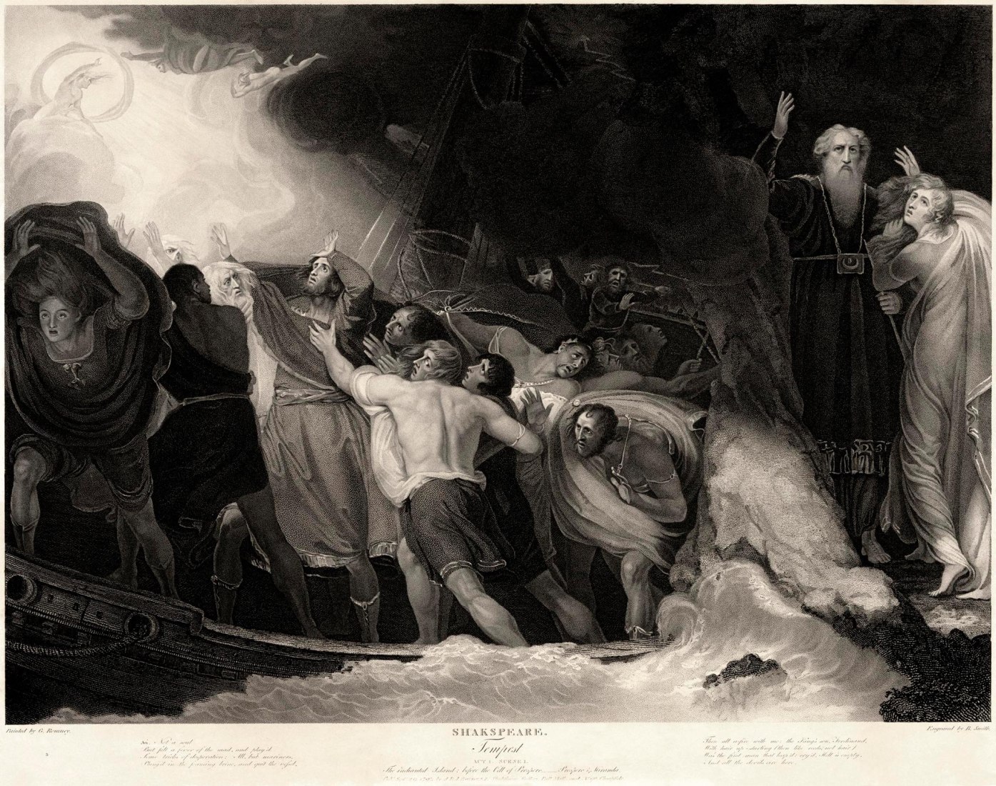 Act I, Scene 1 of The Tempest by William Shakespeare, in an engraving based off of a painting by George Romney.  Published by J. & J. Boydell at the Shakespeare Gallery, Pall Mall & at No. 90 Cheapside. Via Wikimedia Commons licensed under CC0 1.0 (Public Domain). Image © Benjamin Smith