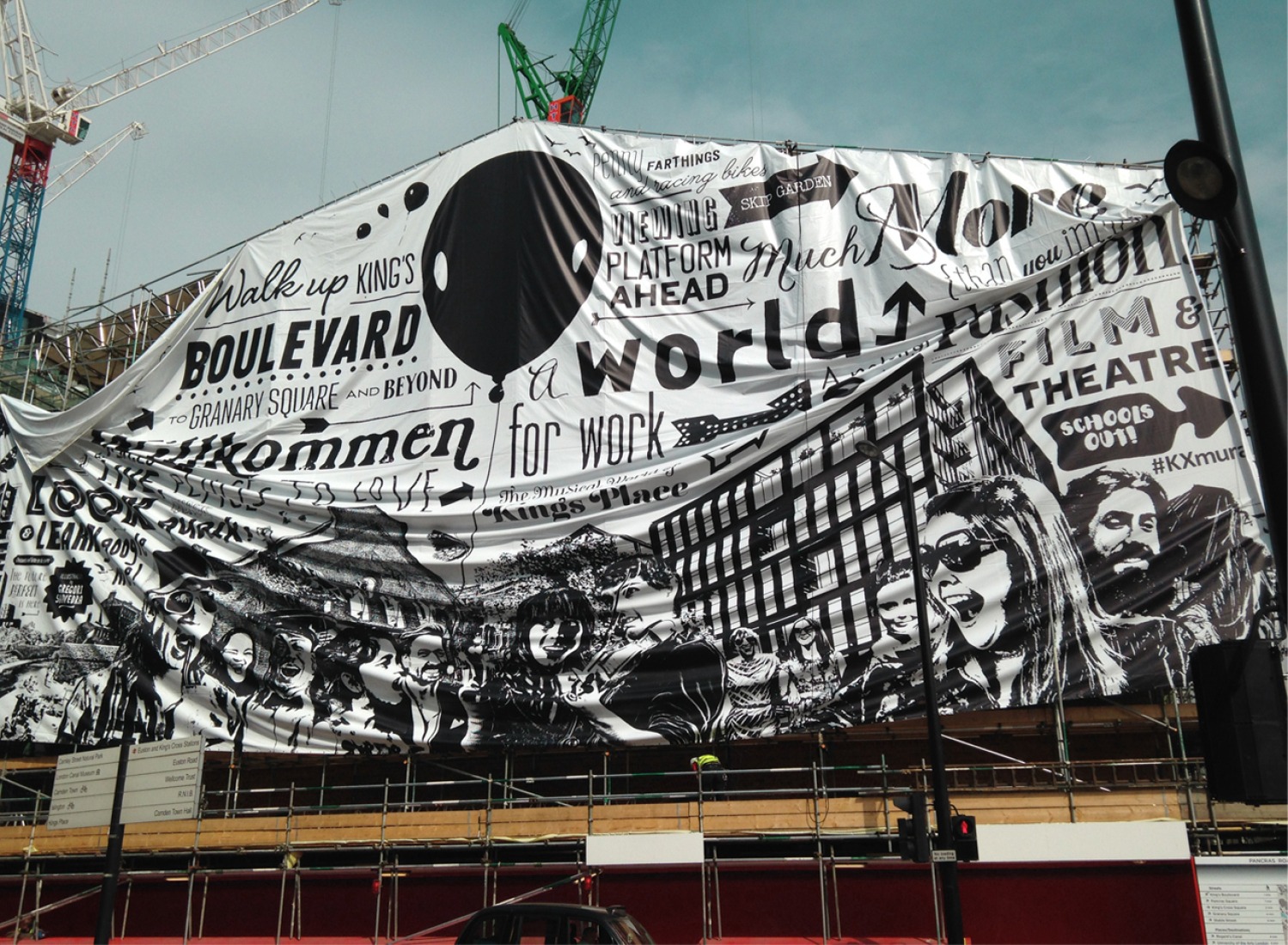 London's King's Cross by Gregori Saavedra. This 790m2 mural will be in place around the former German Gymnasium while renovation work is ongoing until its completion in 2015.