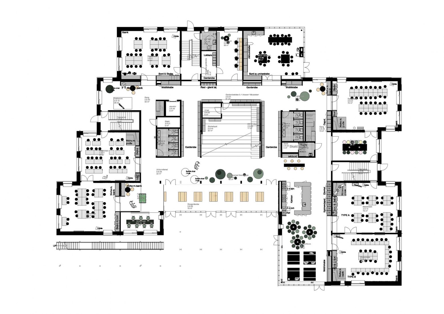 Plano del primer piso del edificio nuevo. Escuela Grøndalsvængets por JJW ARKITEKTER.