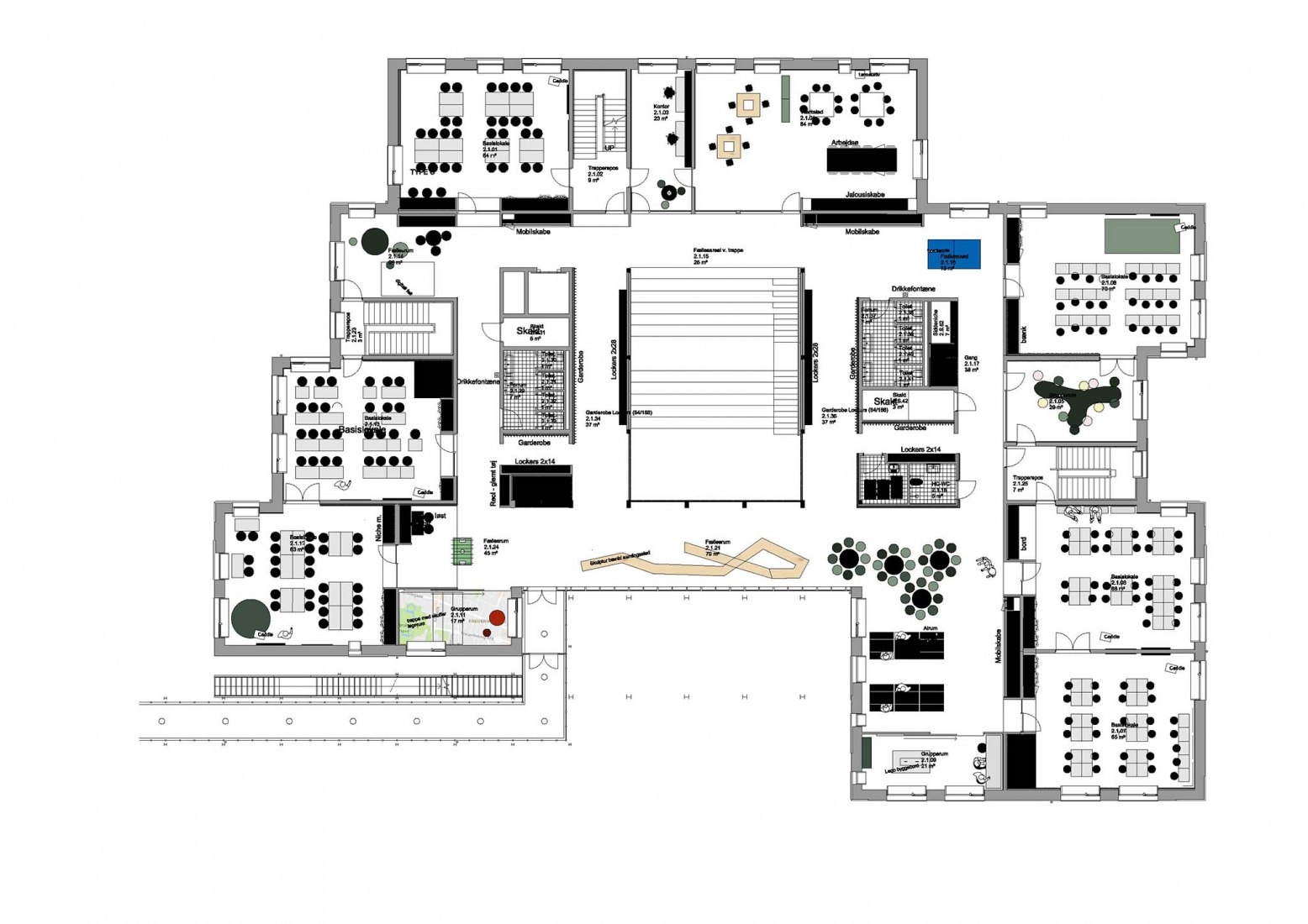 Plano del segundo piso del edificio nuevo. Escuela Grøndalsvængets por JJW ARKITEKTER.