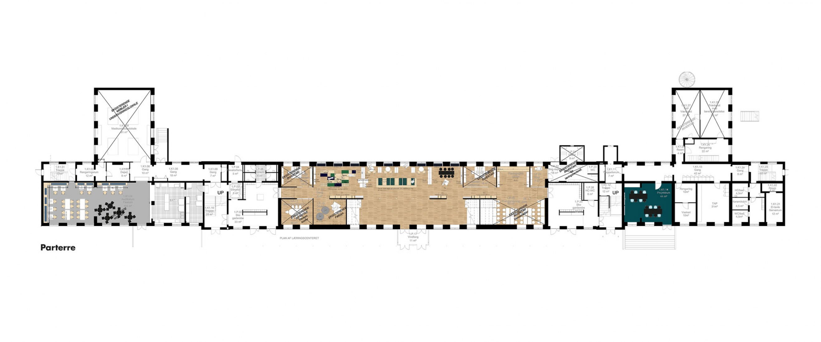 Plano del primer piso del edificio existente. Escuela Grøndalsvængets por JJW ARKITEKTER.