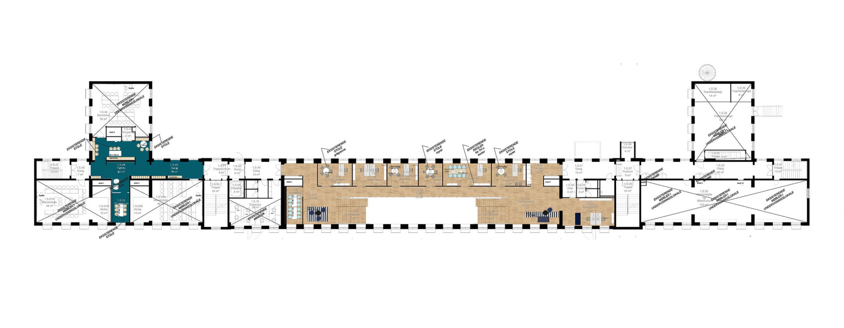 Plano del segundo piso del edificio existente. Escuela Grøndalsvængets por JJW ARKITEKTER.