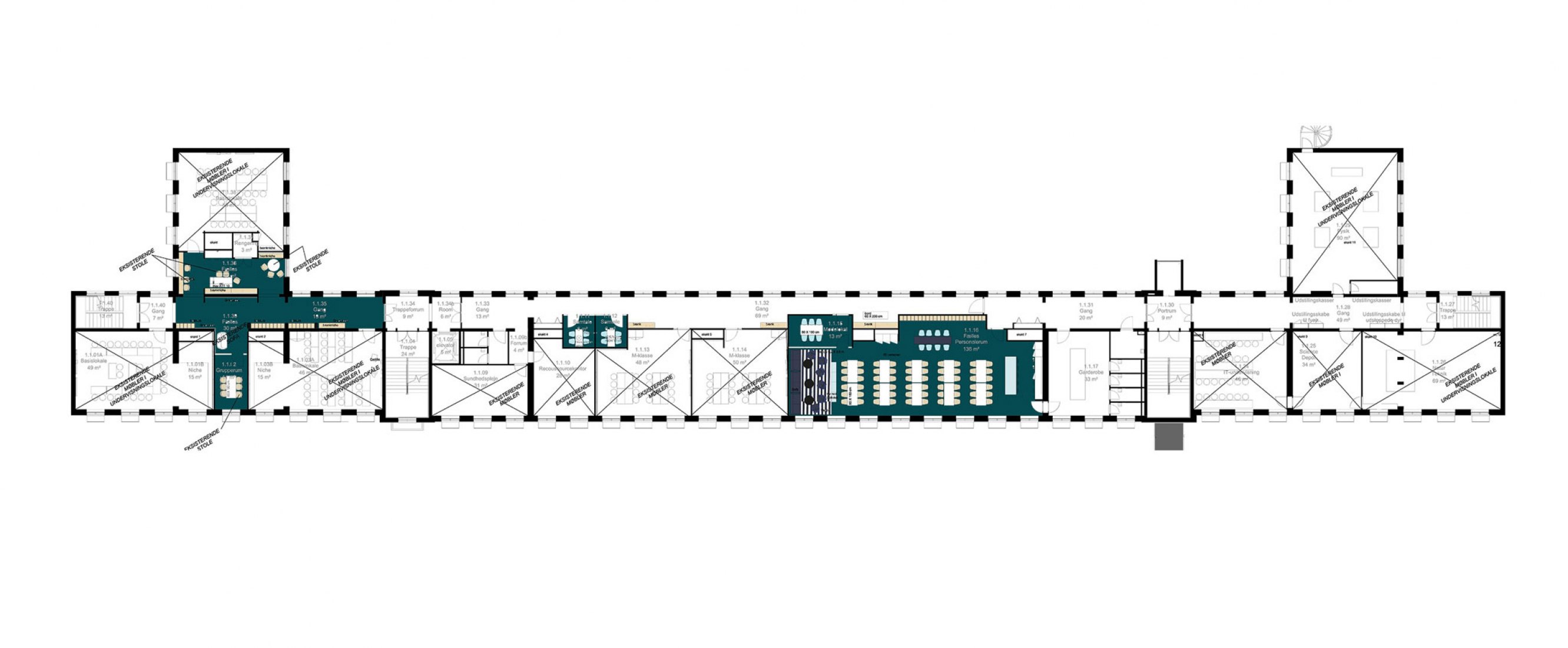 Plano del tercer piso del edificio existente. Escuela Grøndalsvængets por JJW ARKITEKTER.