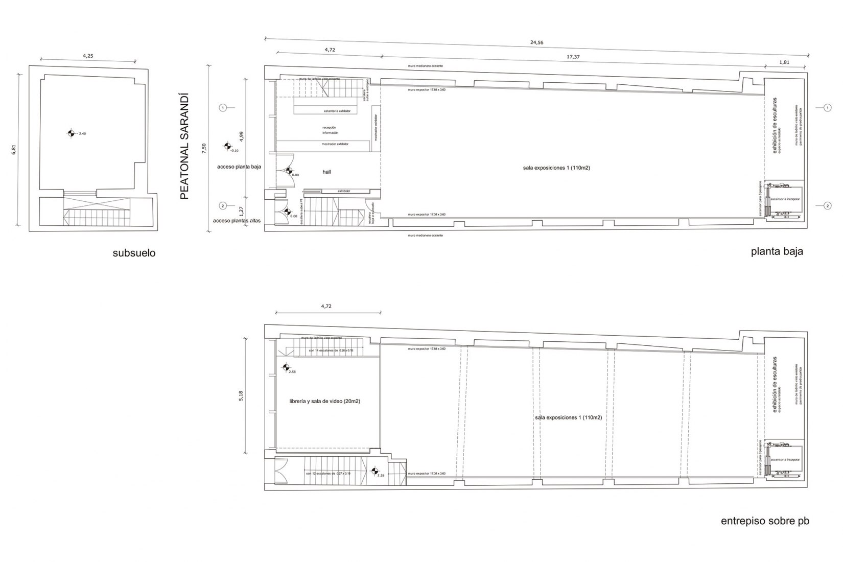Basement, Ground Floor and First Mezzanine plans. Gurvich Museum by Fernando Giordano and Rafael Lorente.