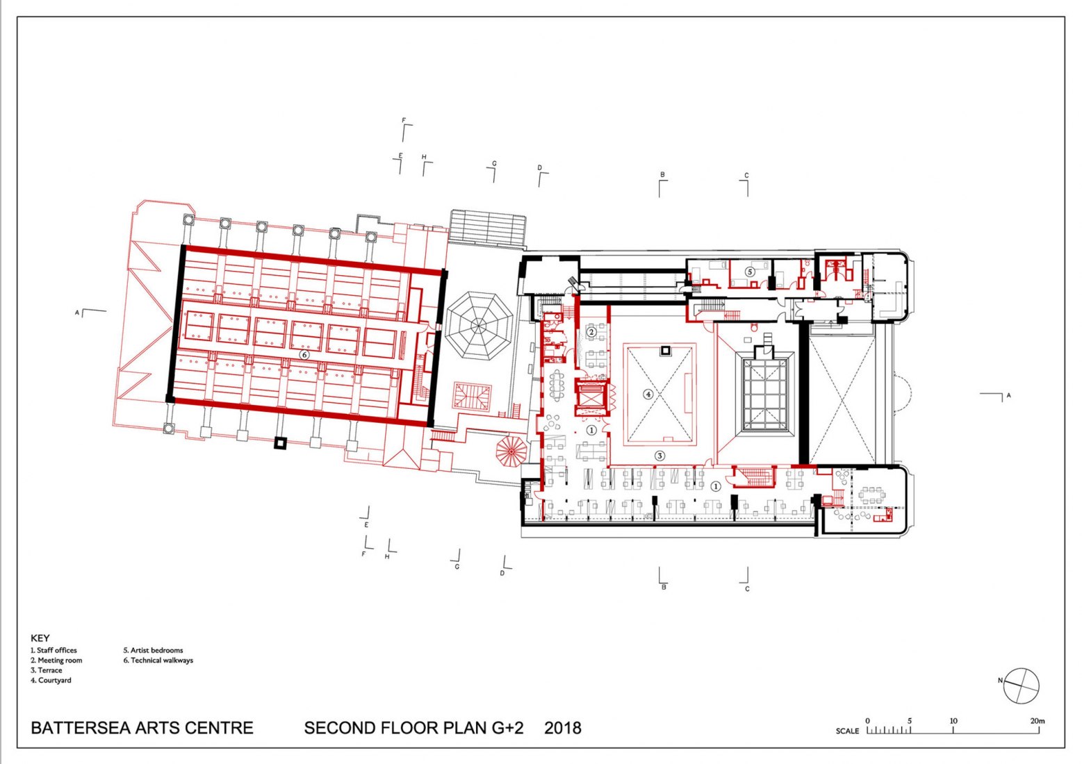 Planta segunda. Centro de las Artes Battersea por Haworth Tompkins.