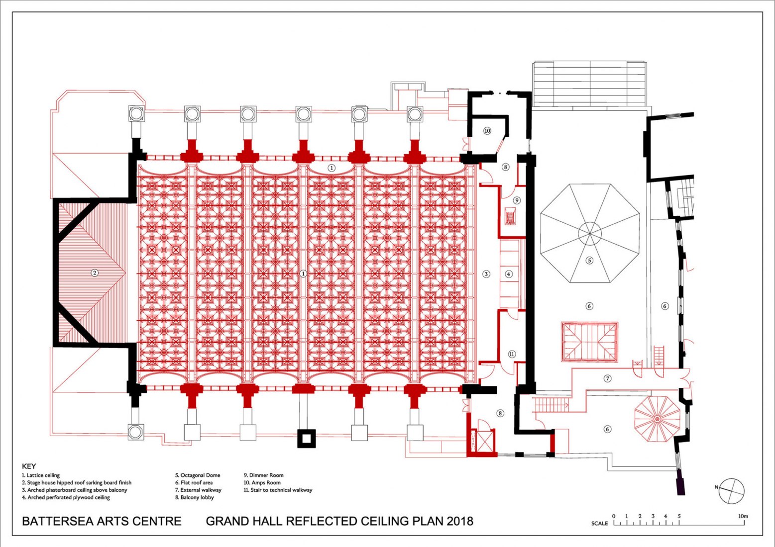 Plano de techo de la sala principal. Centro de las Artes Battersea por Haworth Tompkins.