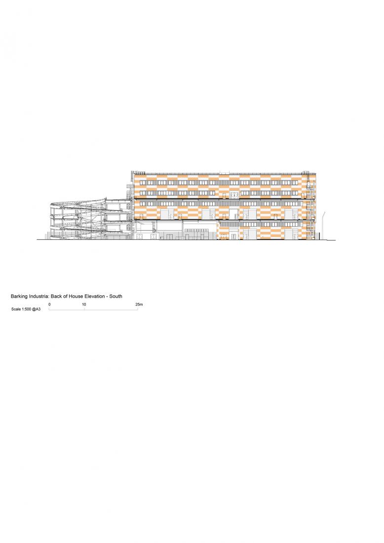 Back of house south elevation. Industria by Haworth Tompkins.