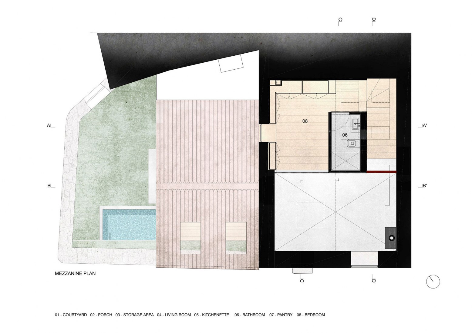 Mezzanine floor plan. Rural House by HBG Architects.