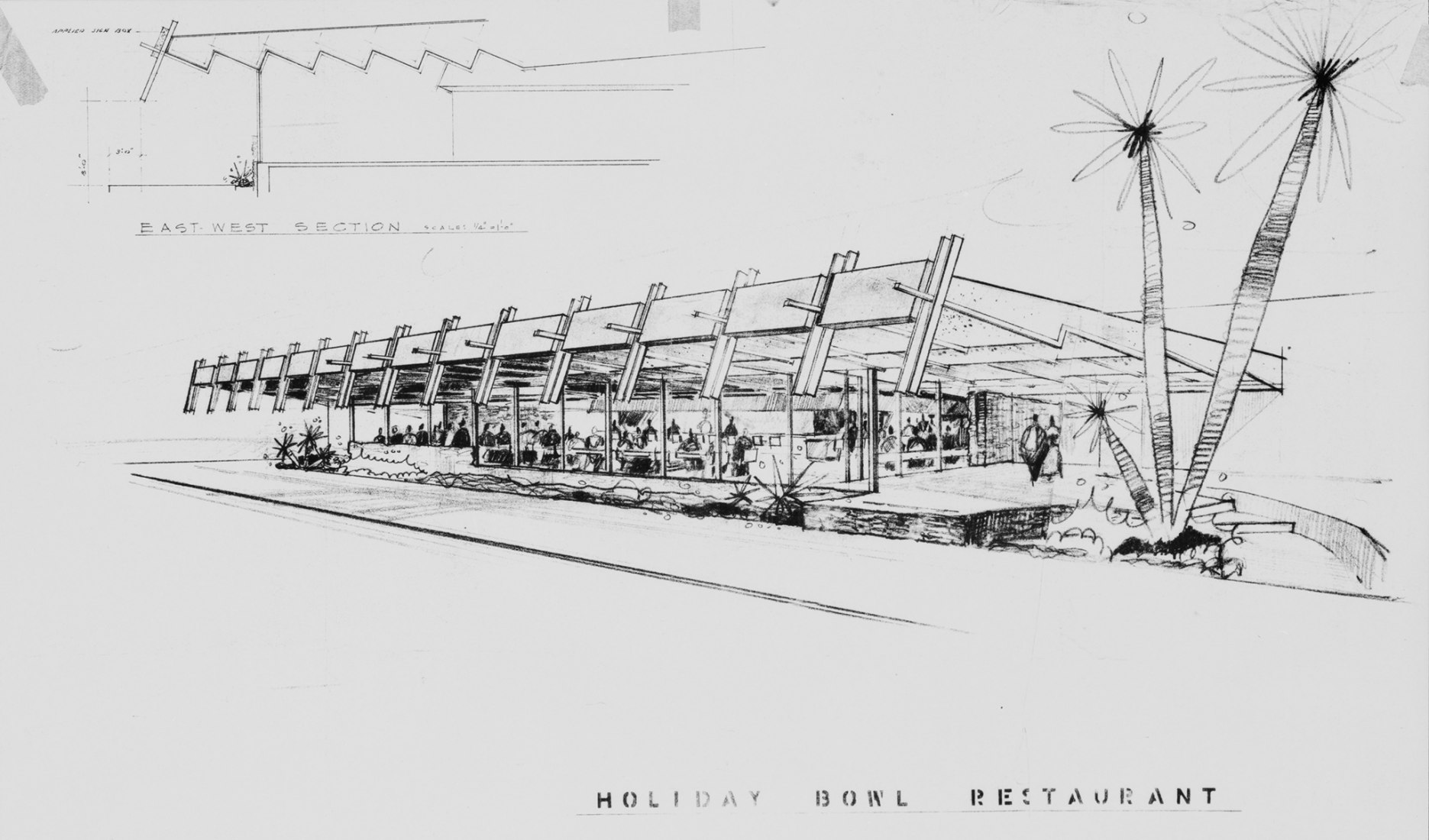An Armet and Davis sketch of the Hollywood Bowl on Crenshaw Boulevard, dated 1956. Historic American Buildings Survey, Library of Congress (HABS CA-2775-36)