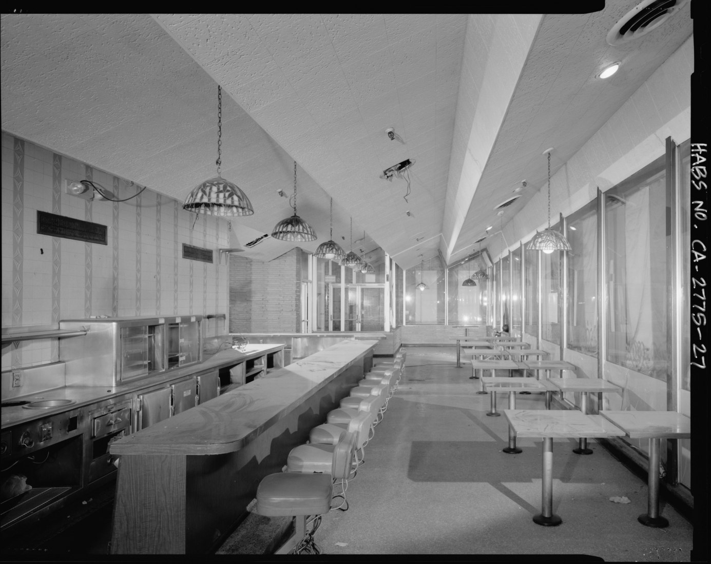 The coffee shop at Hollywood Bowl. Fong has primarily been credited with her work on Armet and Davis interiors, but she was much more involved in other aspects of the firm’s work. Interior, coffee shop perspective view, facing south. - Holiday Bowl, 3730 Crenshaw Boulevard, Los Angeles, Los Angeles County, CA. Historic American Buildings Survey, Library of Congress (HABS CA-2775-27)