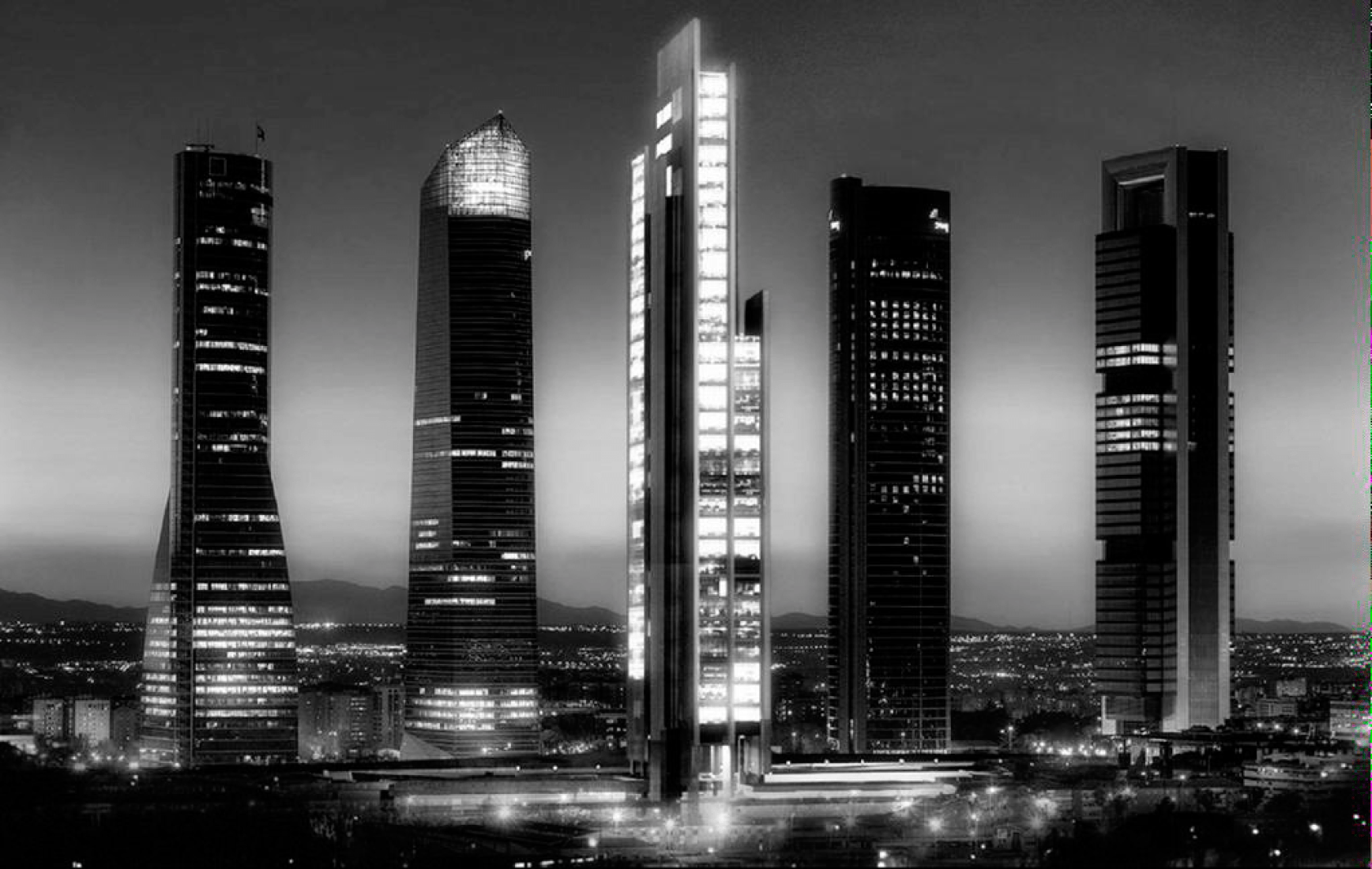Image for the project of the five towers in Madrid. The new, in the middle. Image via El País. 