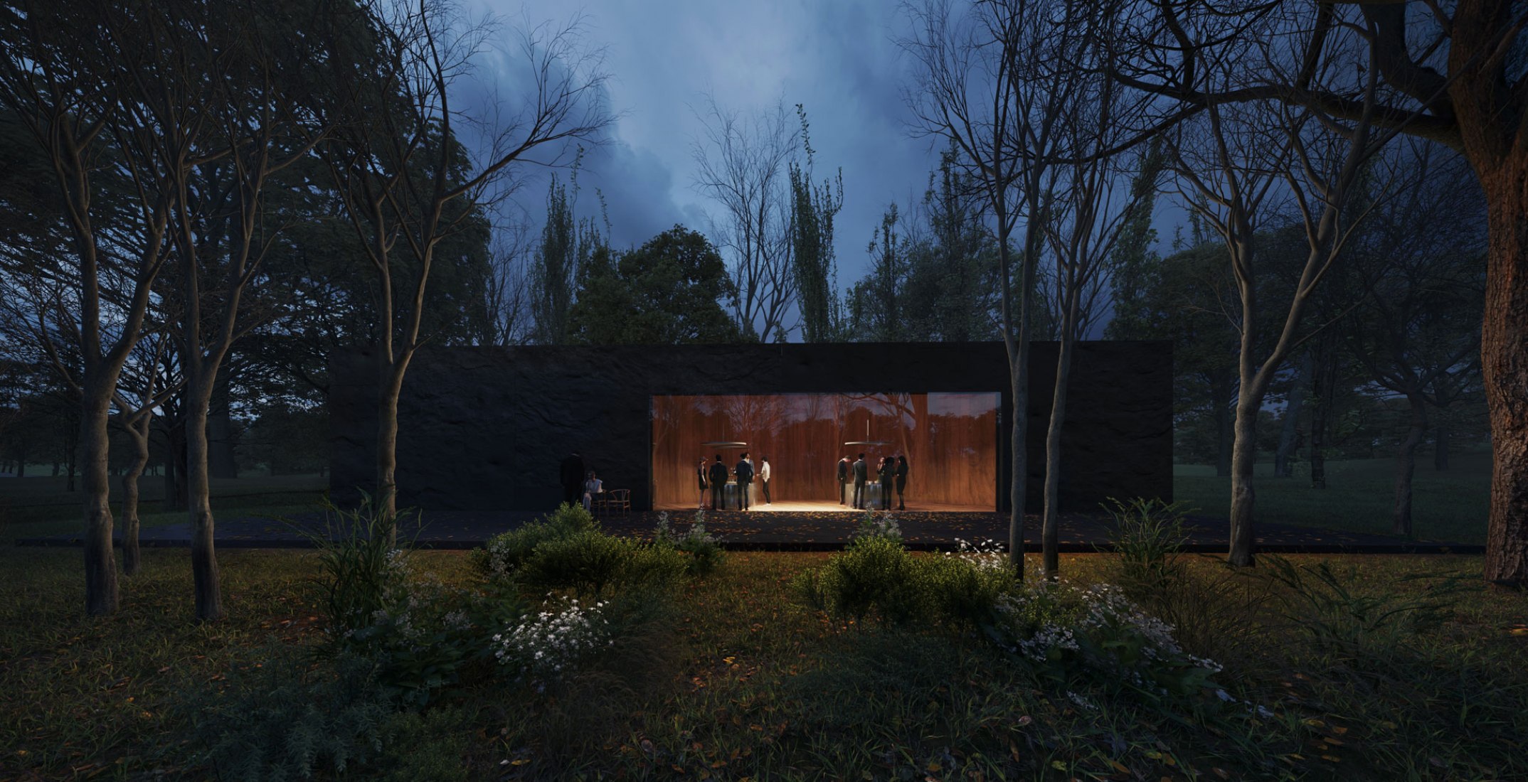 Visualización exterior nocturna. Nuevo diseño de un Centro de Ceremonias Fúnebres por HofmanDujardin. Visualización por VERO Visual