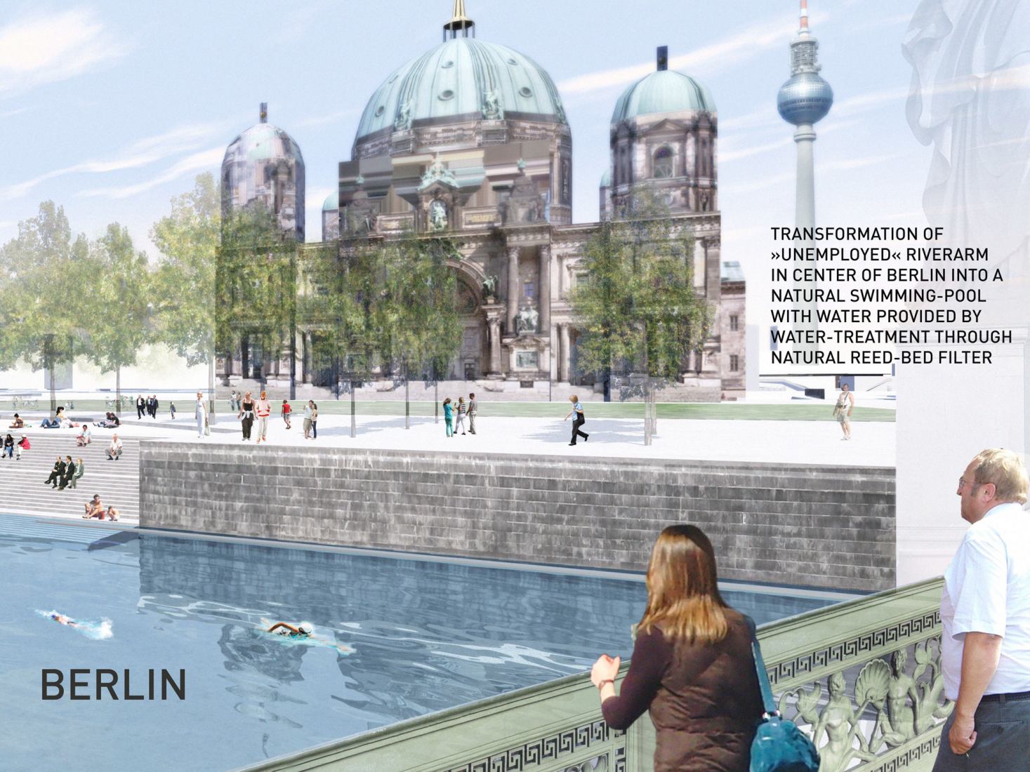 Urban renewal and swimming-pool precinct, Berlin, Germany Panorama Flussbad - right side.