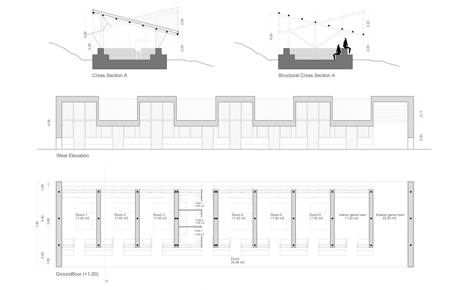 Ground floor plan and sections. Children's sector of Phaplu hospital in Nepal by Ignacio Borrego Arquitectos. Image courtesy of Ignacio Borrego Arquitectos