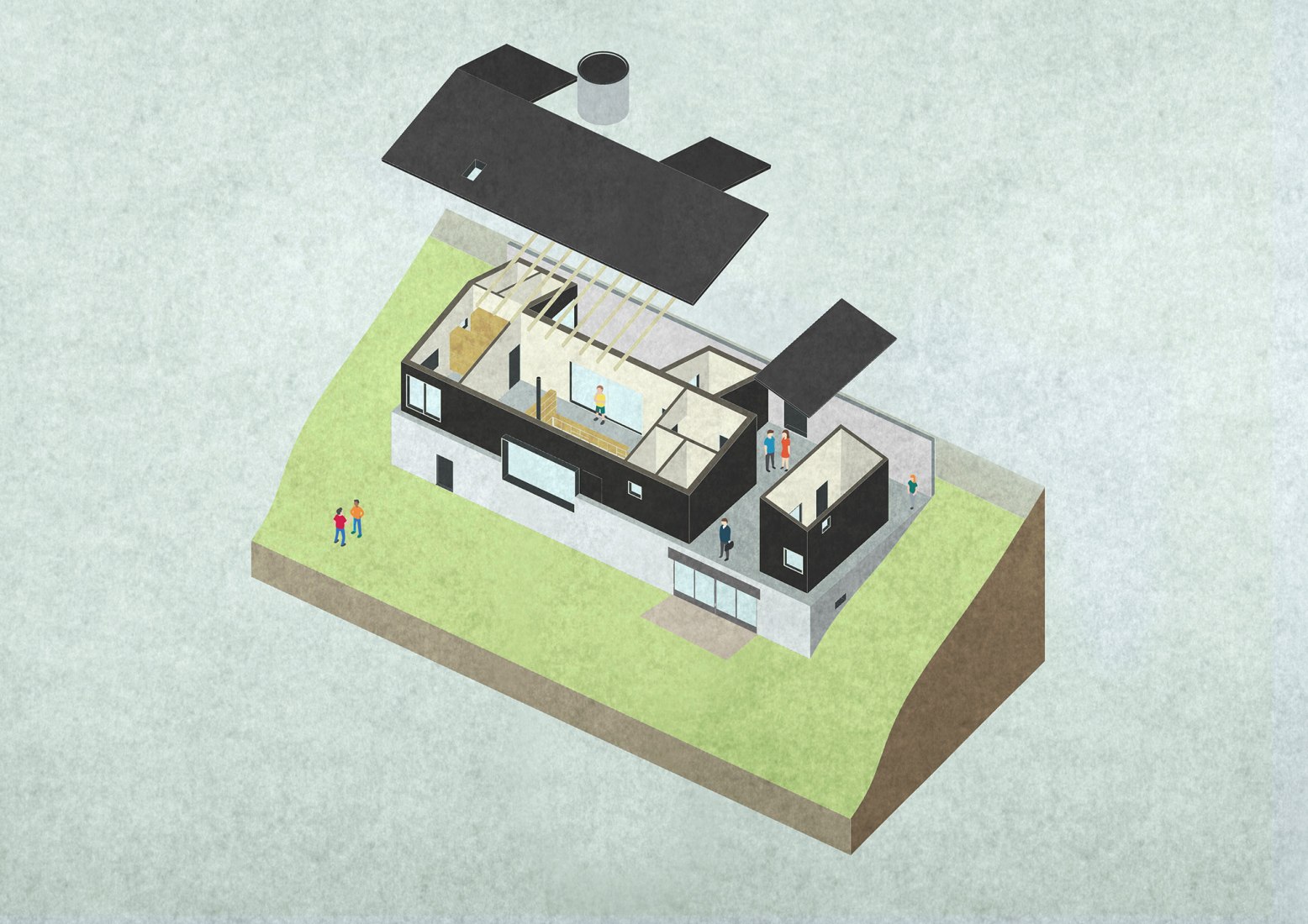 Axonometría. "Casa detrás del muro" por Mjölk architects. 