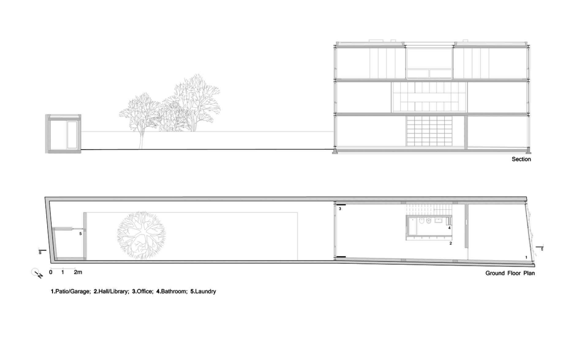 Ground floor plan and longitudinal section. Urban House in Lindo Vale by Ana Cláudia Monteiro + Vítor Oliveira. Image courtesy of José Campos. Click above to see larger image.