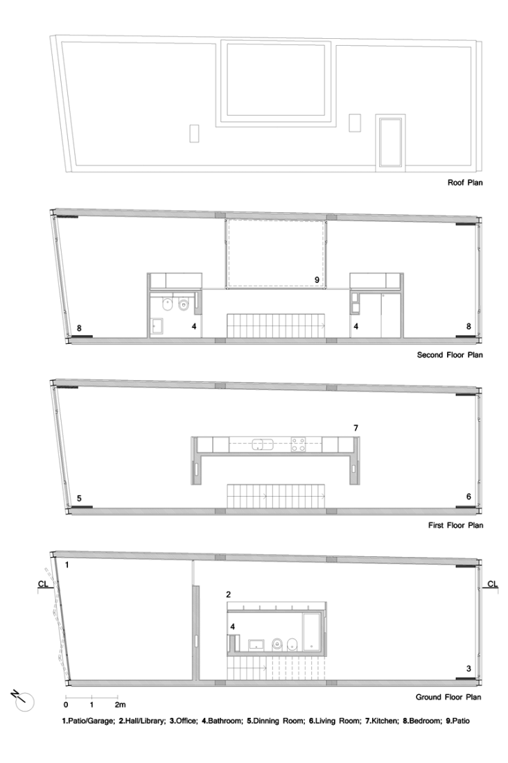Ground, first, second and roof floors plan. Urban House in Lindo Vale by Ana Cláudia Monteiro + Vítor Oliveira. Image courtesy of José Campos.
