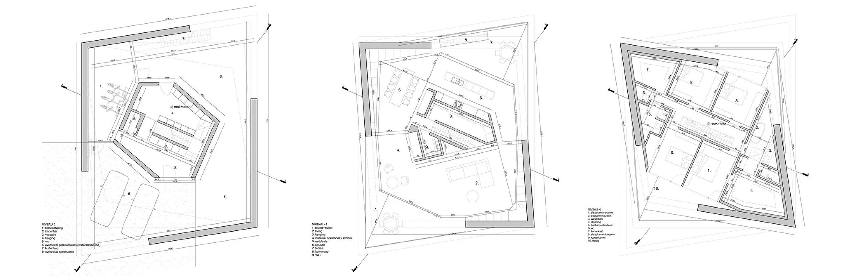 Planta baja, primera planta y segunda planta. Vivienda N-DP por Graux & Baeyens Architecten